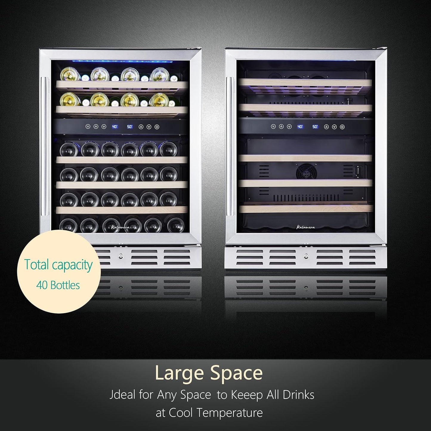 24 inch Wine Cooler, 46 Bottle - Dual Zone Built-in or Freestanding Fridge with Stainless Steel Reversible Glass Door, for Home, Kitchen, or Office.