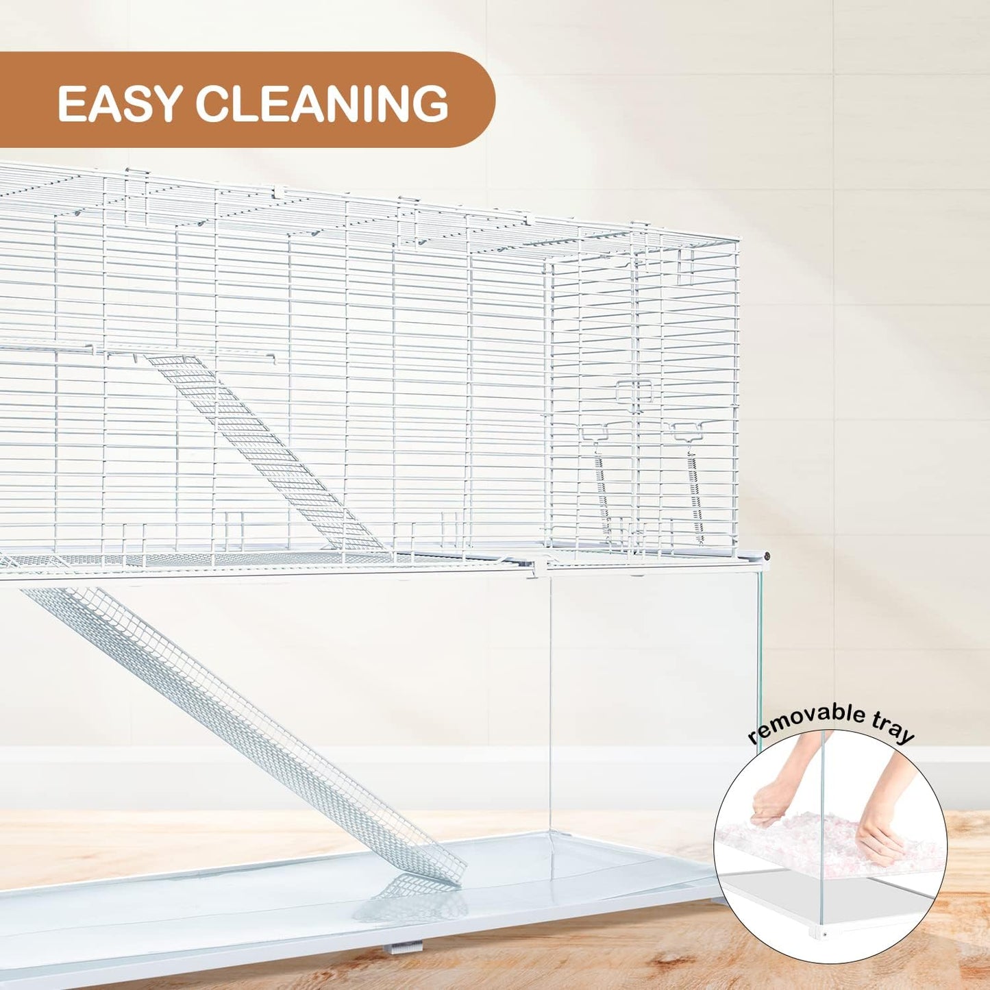 3 Tiers Large Hamster Cages, Glass Hamster Cage Habitat with Openable Wire Topper, Gerbil Cage with Two Ladders Ramps and Removeable Waterproof PVC Tray, Easy to Clean