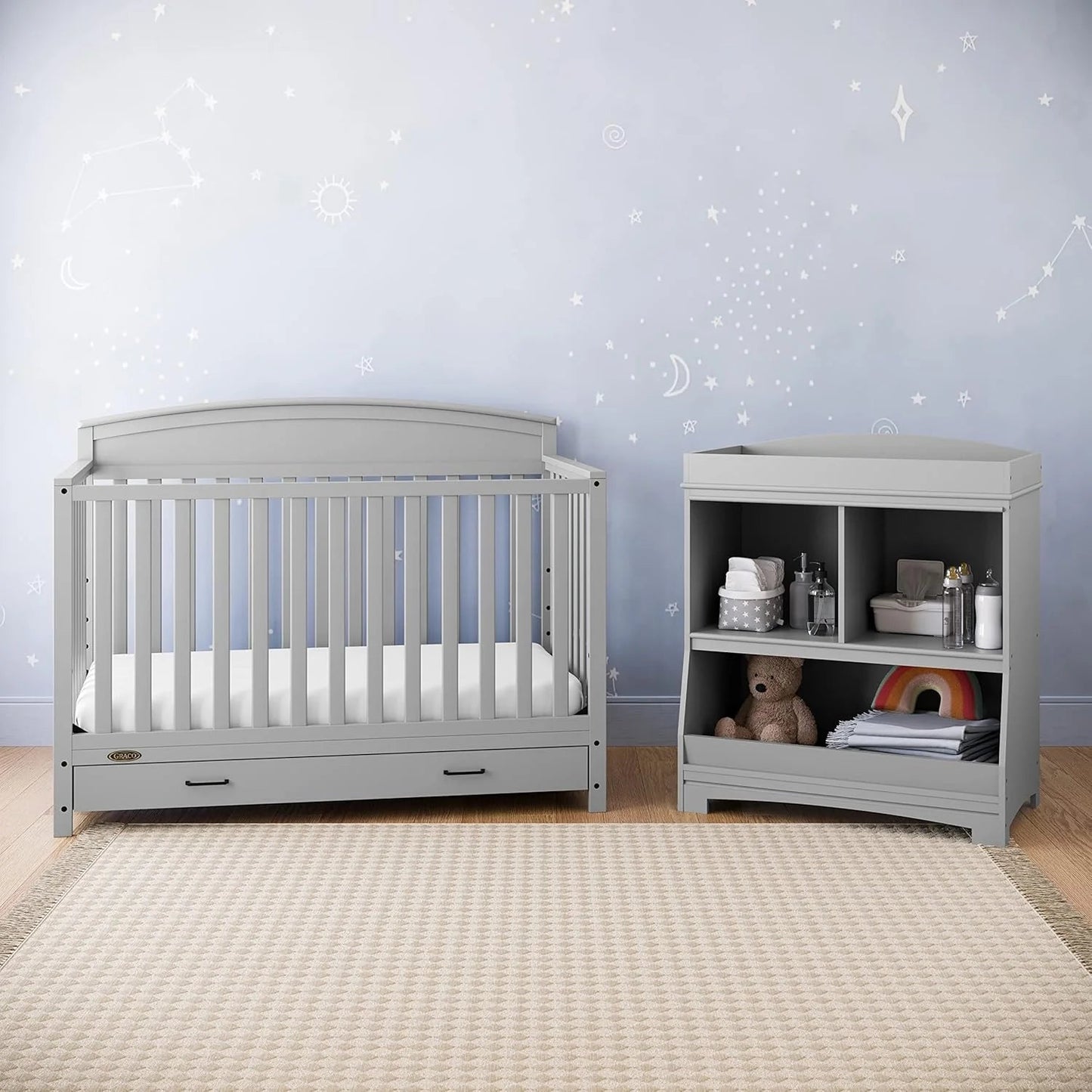 5-in-1 Convertible Baby Bed (with drawers, white) - Green Guardian Gold Certification, built-in baby bed storage drawer, convertible to toddler bed, day bed and full-size bed