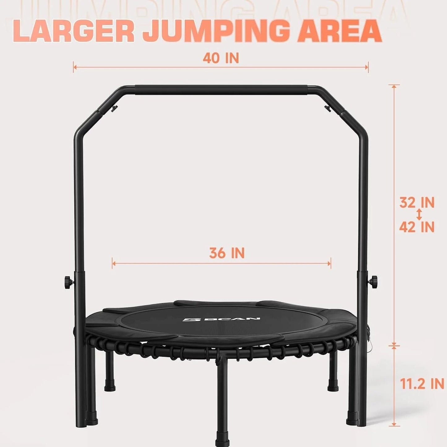 BCAN 450/550 LBS Foldable Mini Trampoline, 40"/48" Fitness Trampoline with Bungees, U Shape Adjustable Foam Handle, Stable & Quiet Exercise Rebounder for Adults Indoor/Outdoor Workout