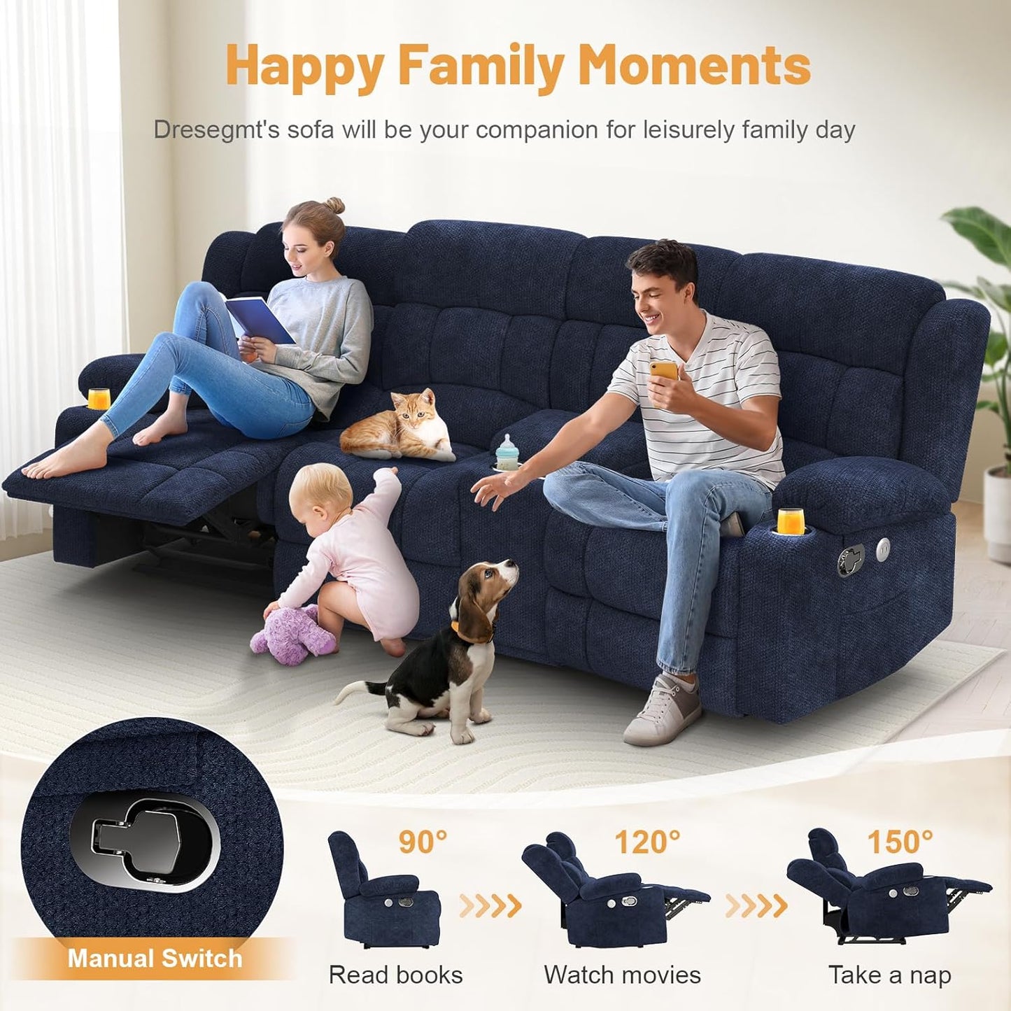 3 Seat Reclining Sofa with Storage Drawer USB Ports & Cup Holders Manual Couch