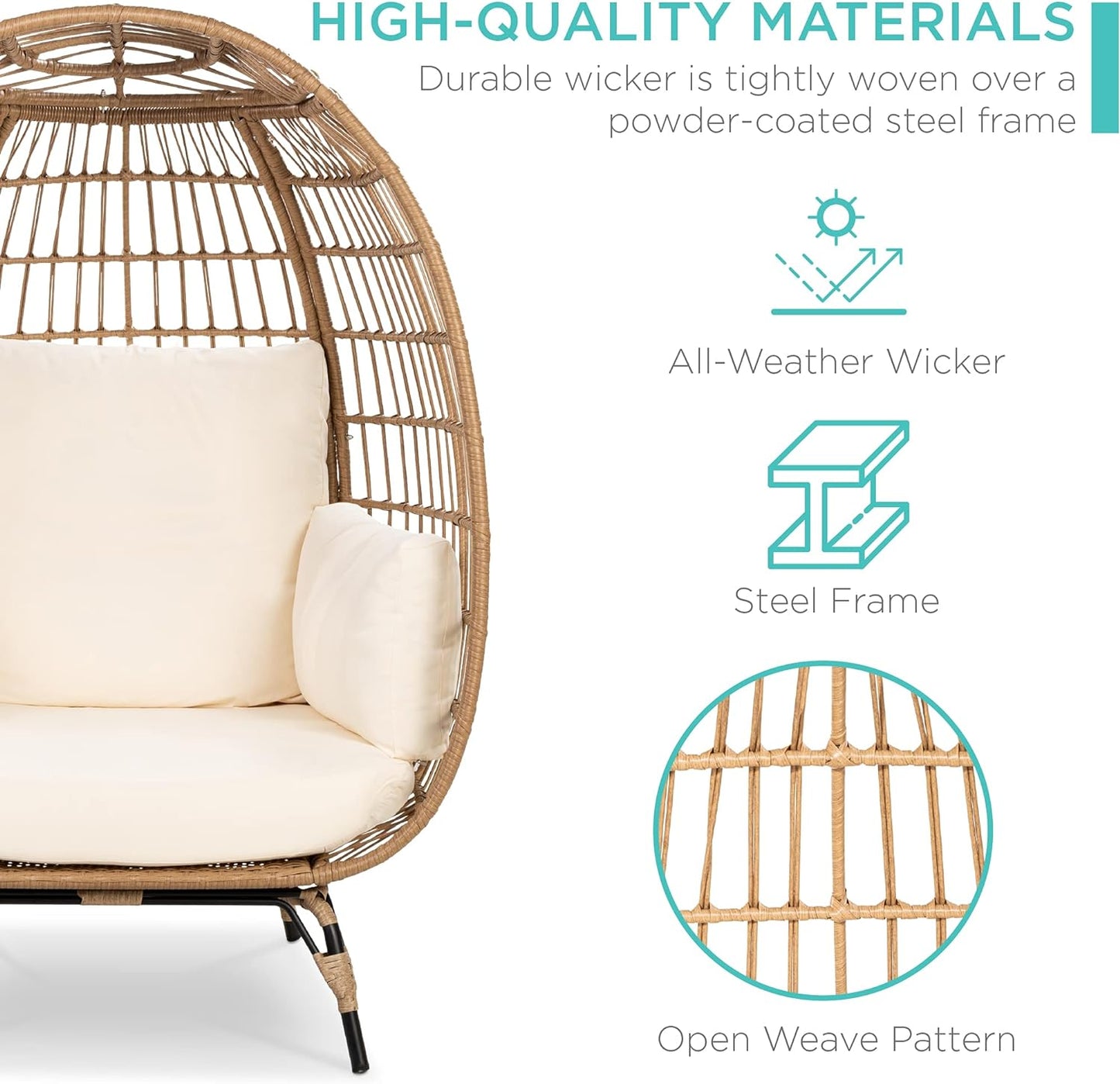 Best Choice Products Wicker Egg Chair, Oversized Indoor Outdoor Lounger for Patio, Backyard, Living Room w/ 4 Cushions, Steel Frame, 440lb Capacity - Ivory