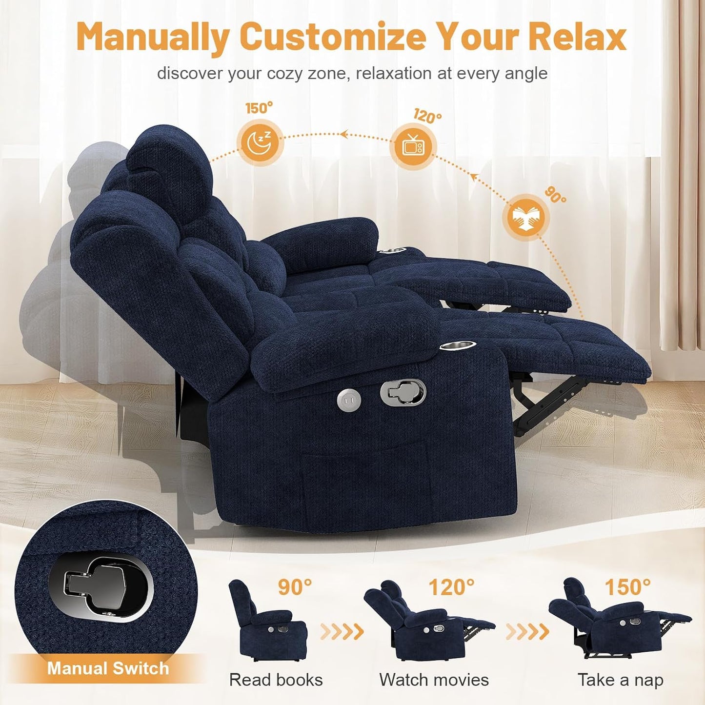 3 Seat Reclining Sofa with Storage Drawer USB Ports & Cup Holders Manual Couch