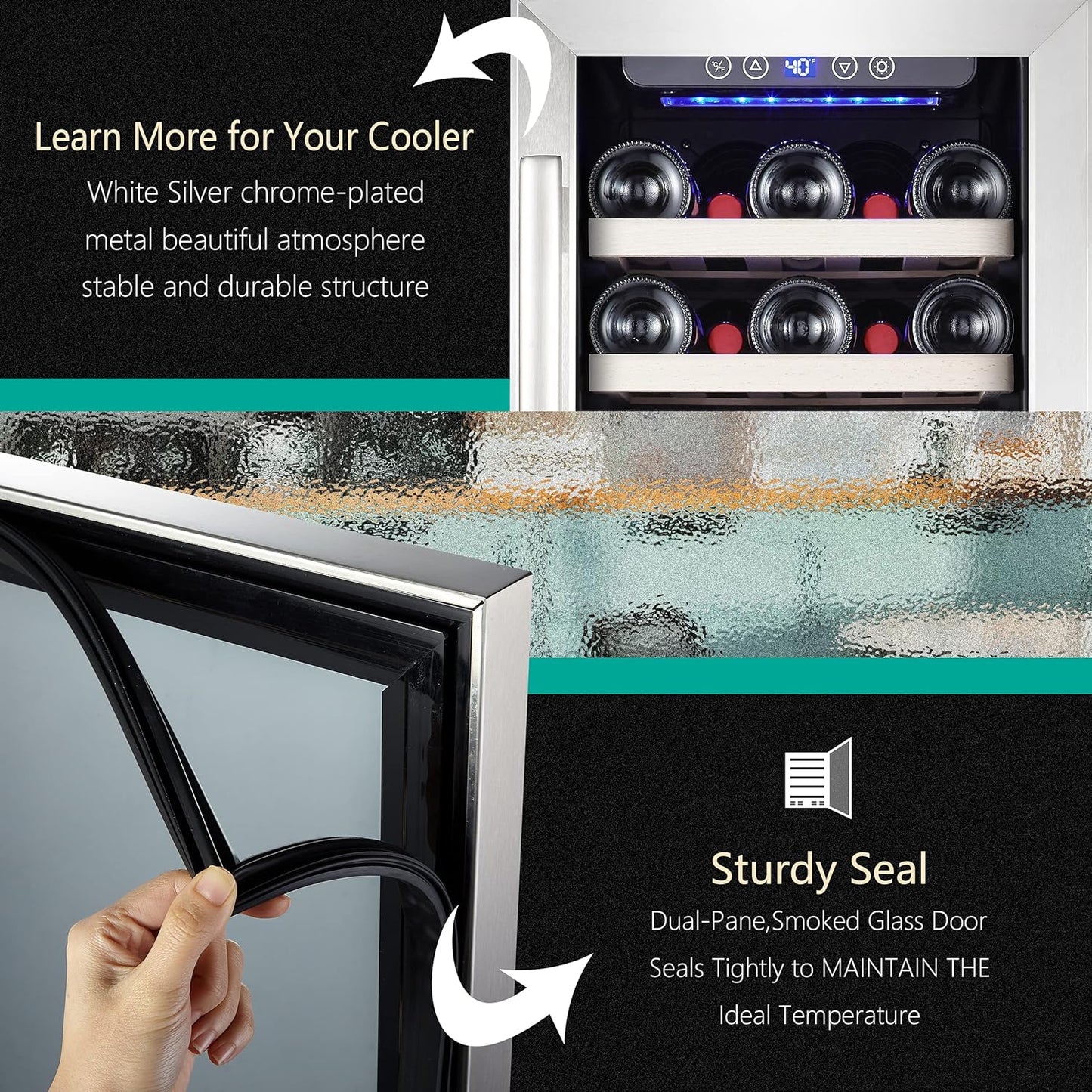 24 inch Wine Cooler, 46 Bottle - Dual Zone Built-in or Freestanding Fridge with Stainless Steel Reversible Glass Door, for Home, Kitchen, or Office.