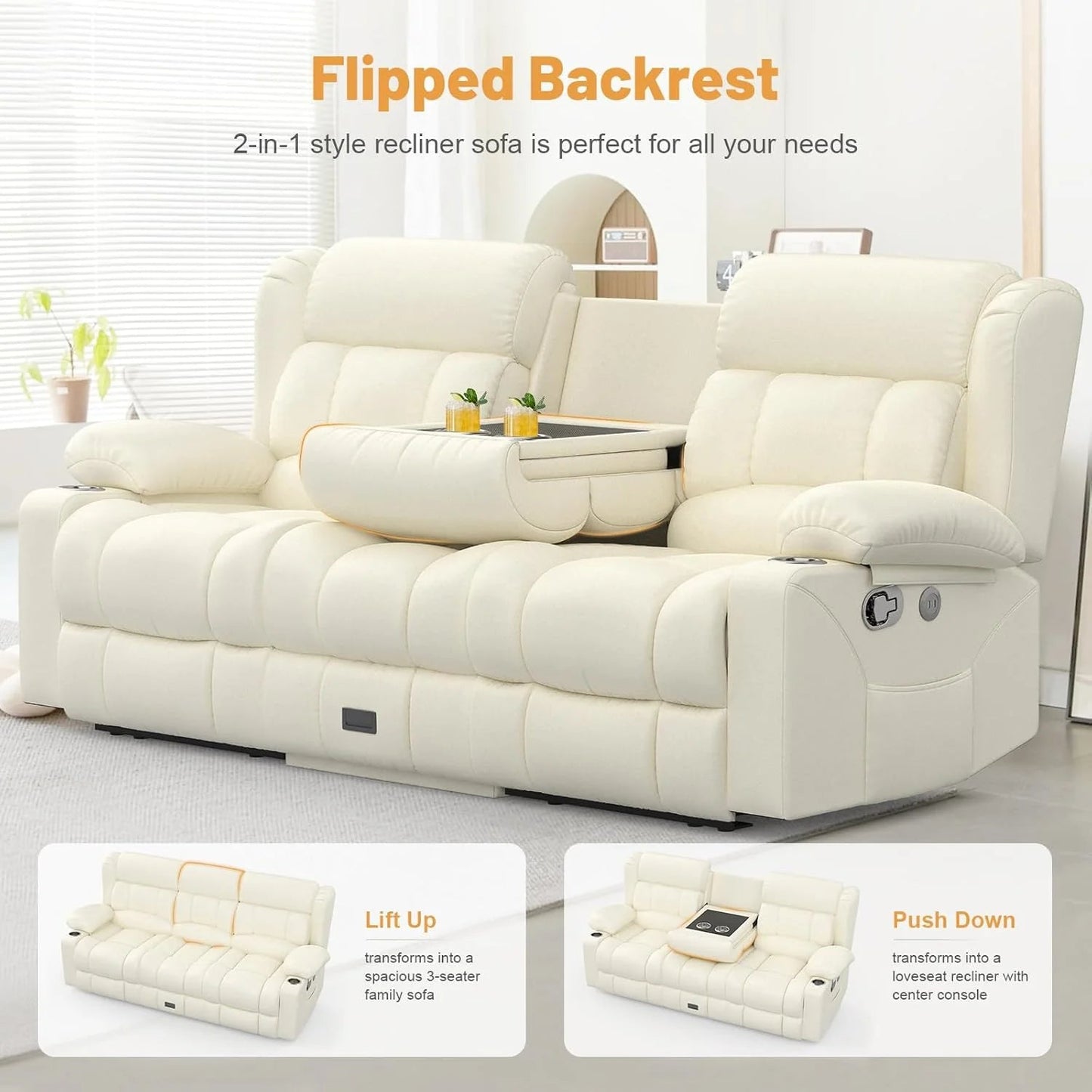 3 Seat Reclining Sofa with Storage Drawer USB Ports & Cup Holders Manual Couch