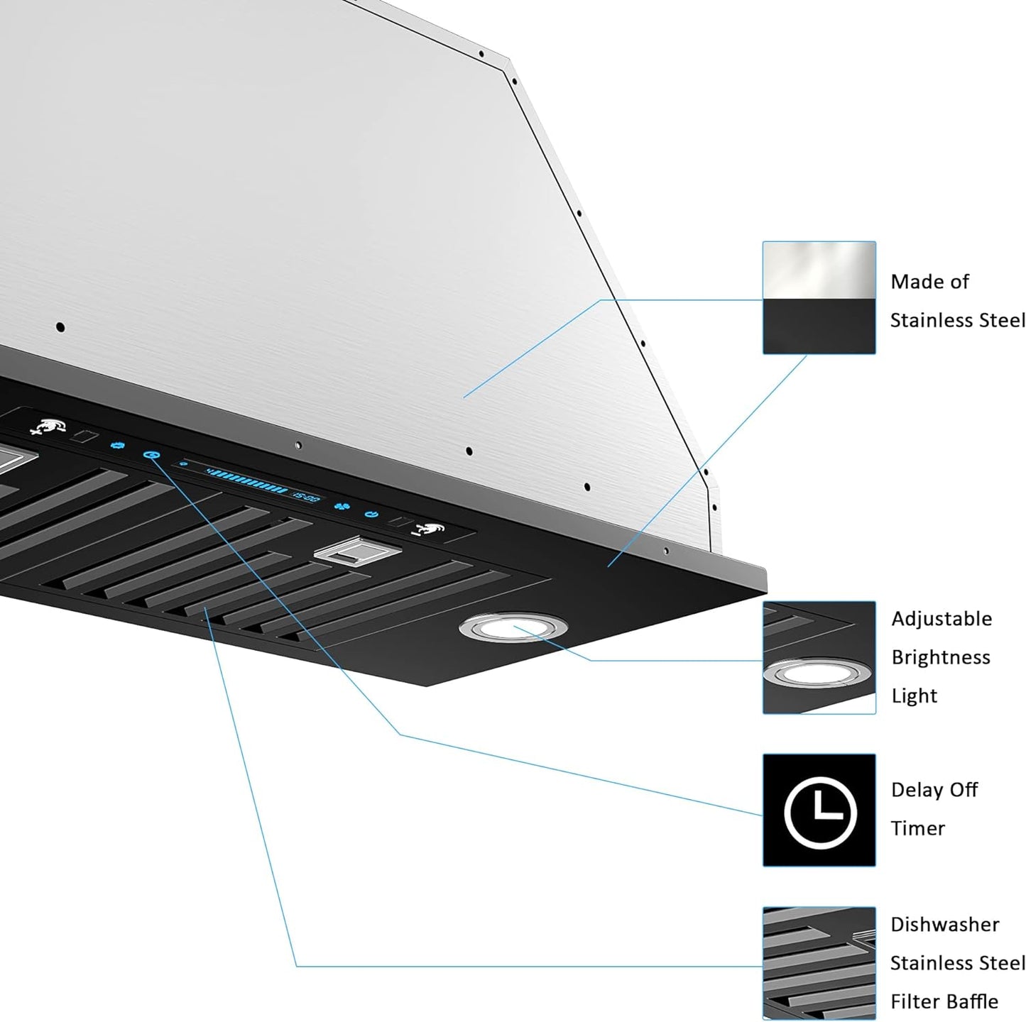 30 inch Built-in/Insert Range Hood 900 CFM, Ducted/Ductless Convertible Duct, Stainless Steel Kitchen Vent Hood with 4 Speed Gesture Sensing&Touch Control Panel(IKB01-30)